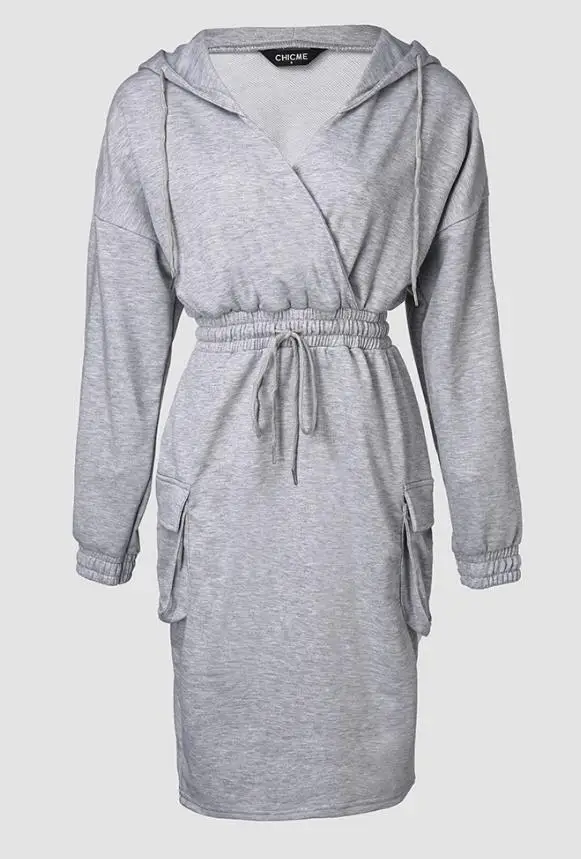 

Women's Long Sleeve Sweatshirt Dress Autumn New Fashion Drawstring Waist Hoodie Dress with Flap Pockets Pullover Casual Dress