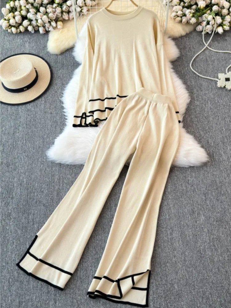 Autumn Fashion Solid Knitted 2 Piece Sets Women Outfits Loose Sweater Top + Wide-Leg Pants Suits Fashion New Female Clothes 2024