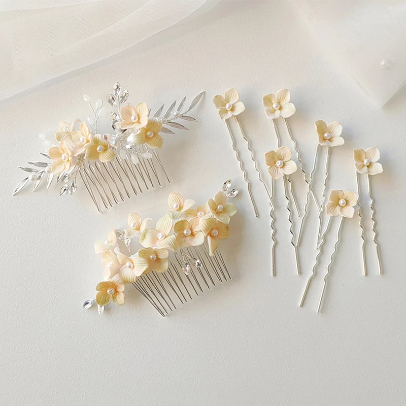 Yellow Green Gradient Ceramic Flower Hair Comb Pins Accessories Women Headpiece for Bride Wedding
