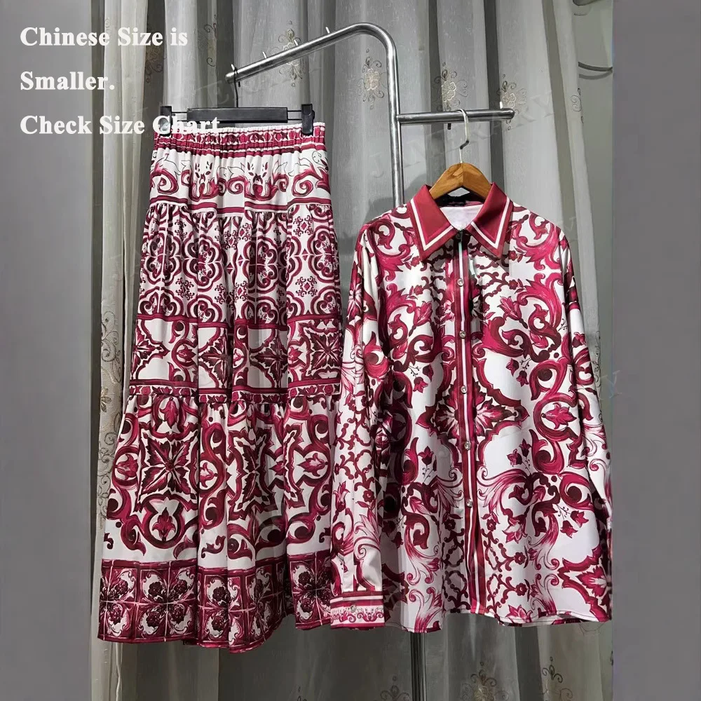 

Summer Autumn Floral Two Piece Set Women Long Sleeve Blouses Shirts Maxi Skirts Sets 2pcs Outfits Blue White Porcelain Print