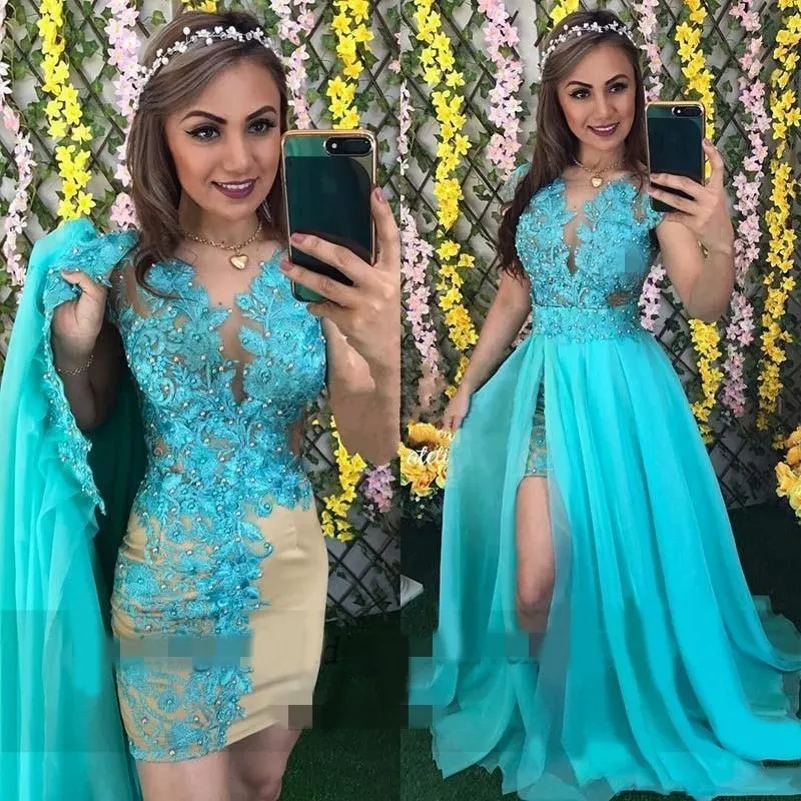 Gorgeous 2 Pieces Prom Dresses Lace Appliques beaded Evening Gowns With Detachable Long Overskirt Blue Robe De Soiree