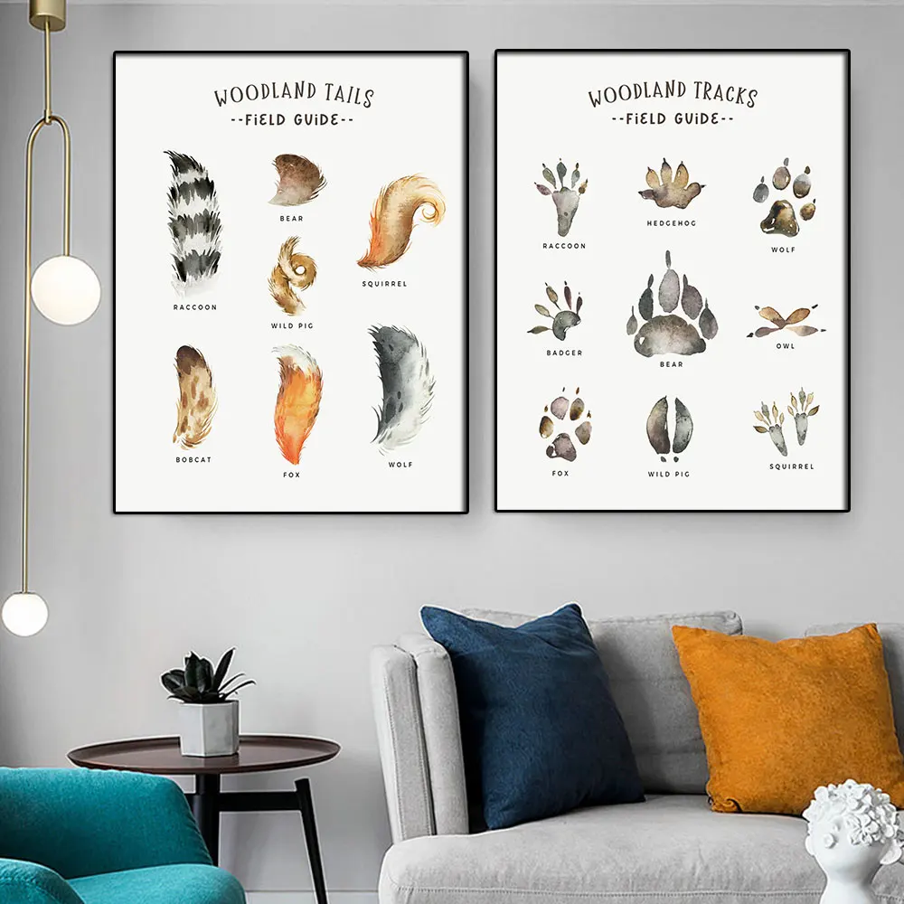 Woodland Field Guide Canvas Painting Animal Tracks And Tails Poster and Print Kids Room Nursery Kids Boys Wall Art Decor Picture