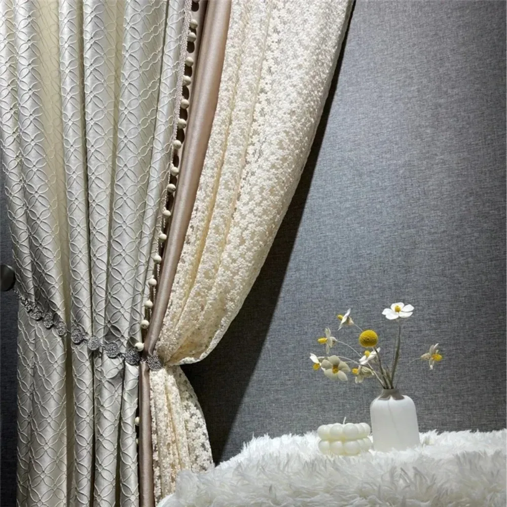 Luxury Cream Color Embossed High-precision Four-leaf Flower Lace Princess Tulle Window Curtains For Living Dining Room Bedroom