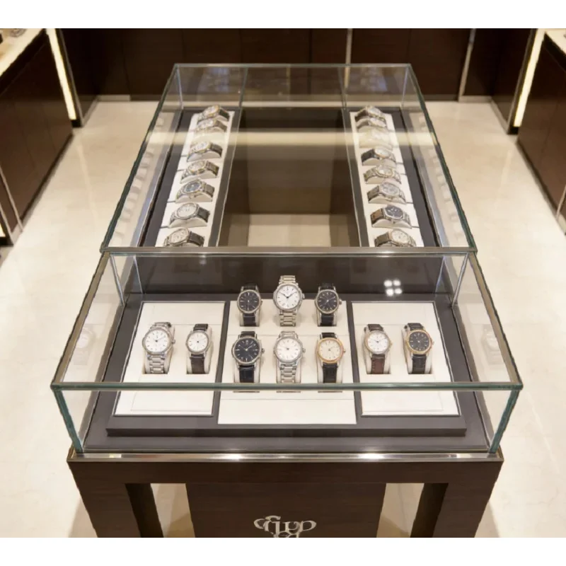 custom.GZowin Luxury Double-Deck Solid Wood Watch Display Cabinet with LED Lighting Customizable Design High-End Retail Stor