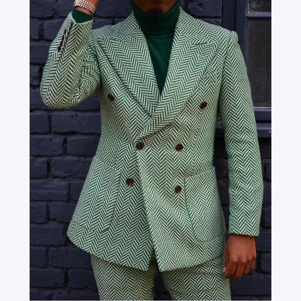 

Green Herringbone Man Suits Peak Lapel Slim Fit Double Breasted Formal 2 Piece Business Party Banquet Male Clothing Tailored