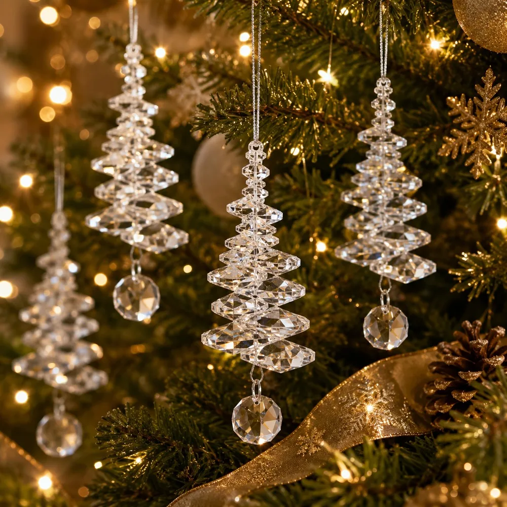2-6Pcs Crystal Christmas Tree Hanging Ornaments, Beaded Clear Crystal Tree Pendants, Home Xmas & Winter Party Decor