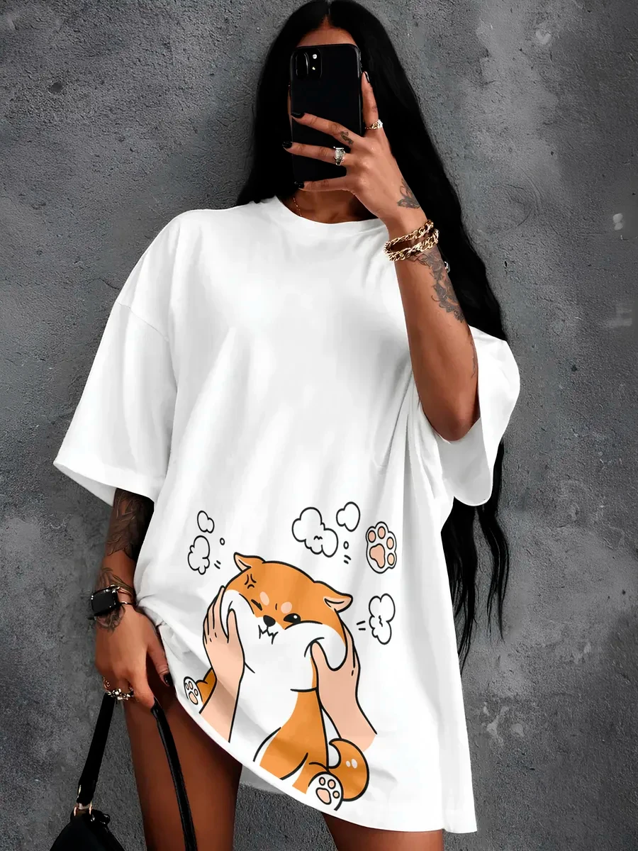 Squish Cheek Shiba Inu Prints T-Shirts Womens Cotton Summer Oversized Tops Casual O-Neck Short Sleeve Tees Street Soft Clothes