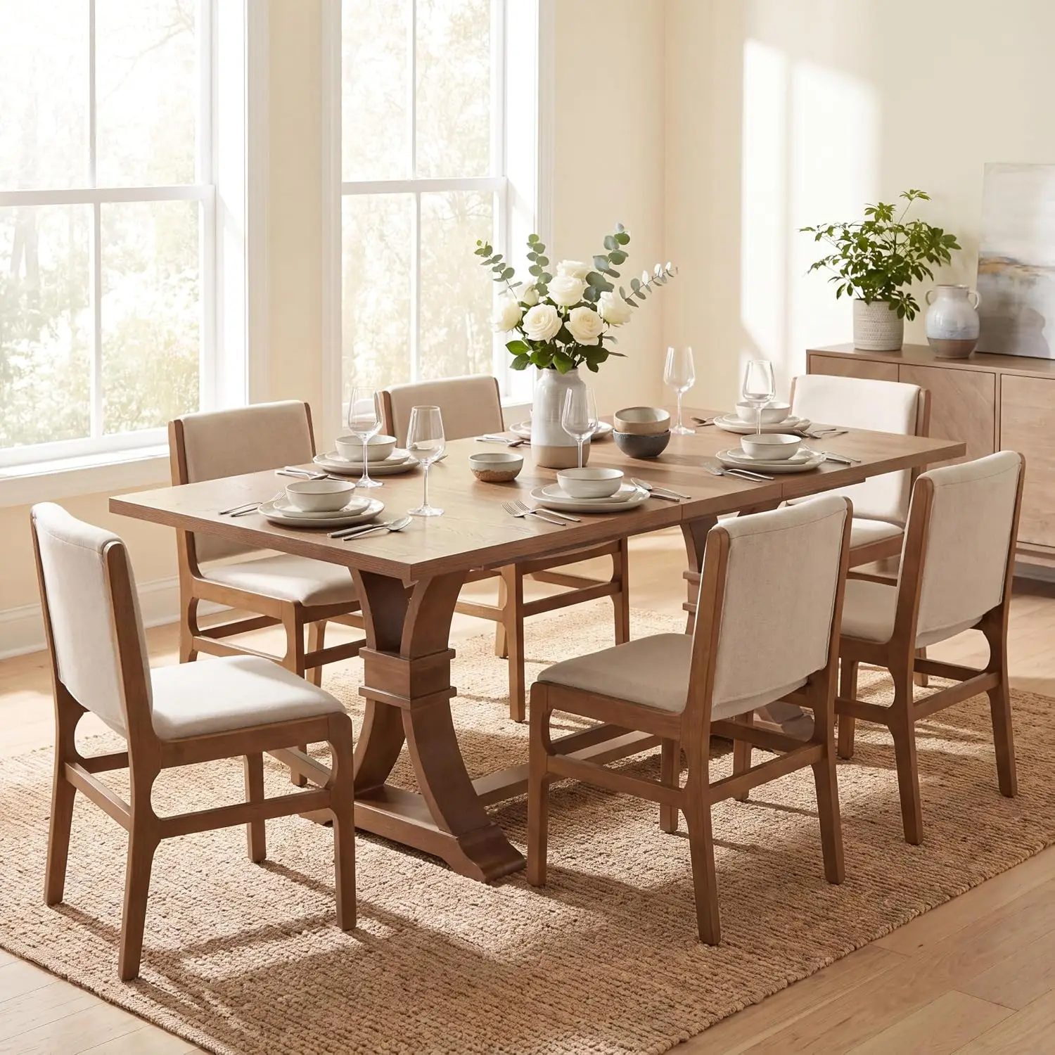 Chady Wooden 7 Piece Dining Table Set with Chairs, Modern Extendable Dining Room Table Set with X-Frame, Upholstered Dining Chai