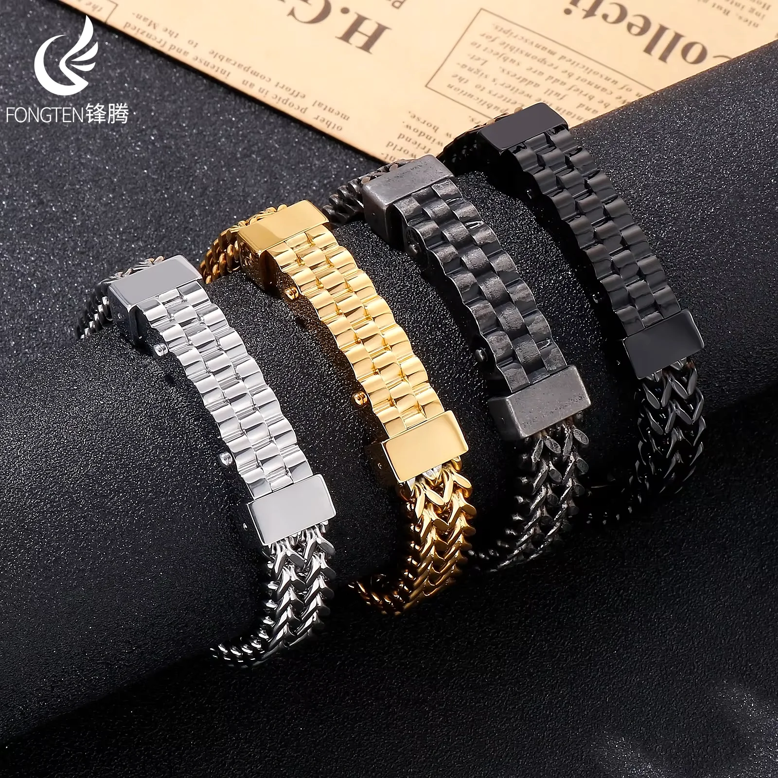 Fongten 21.5cm Men Watch Bracelet Stainless Steel Charm Mesh Chain Heavy Wrist Bracelets Bangles For Men Multiple Color Jewelry