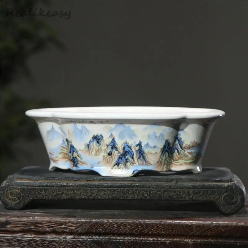 6 Size Chinese Rectangular Hand-Painted Succulent Flower Pot Ceramic Bonsai Pot Household Desktop Decorative Flower Pot LE374