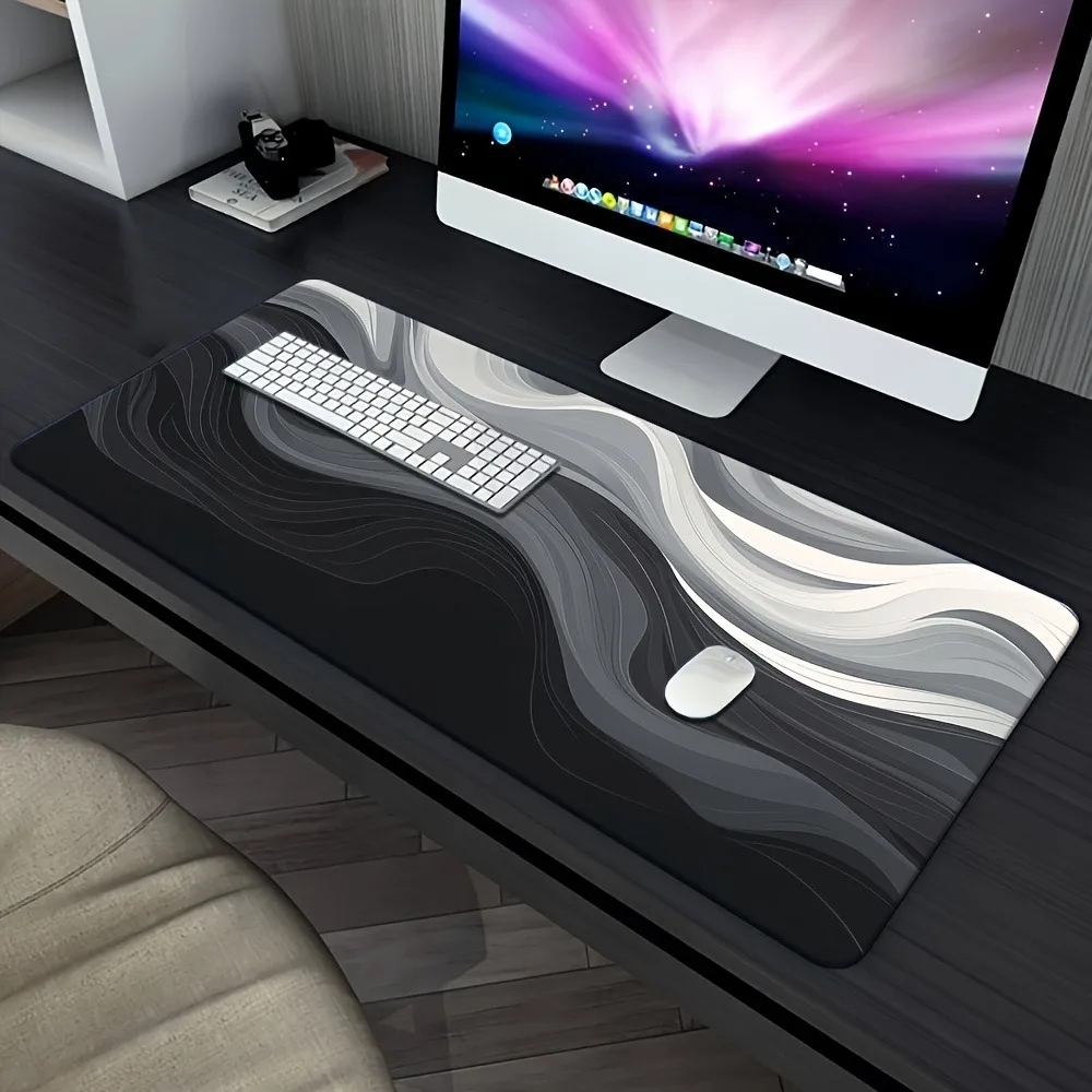 Modern black and white gray wave-pattern mouse pad, with a smooth surface and thickened design; suitable for office use