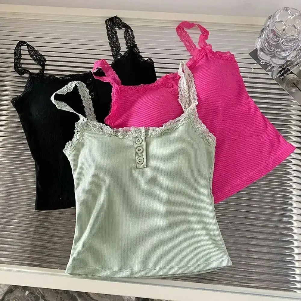 Canotta sexy in pizzo Canottiera sottile T-shirt senza maniche Canotta da donna Canotta in maglia Crop Top Donna Gilet in pizzo di nicchia con imbottitura sul petto