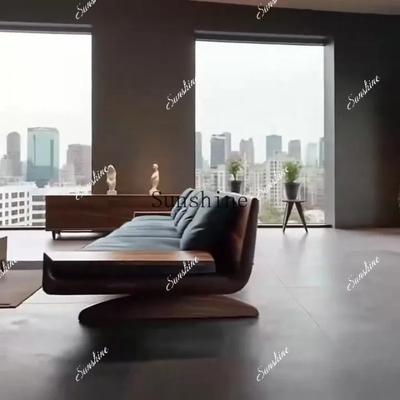 Solid wood inline modern living room office three-seater leather sofaN
