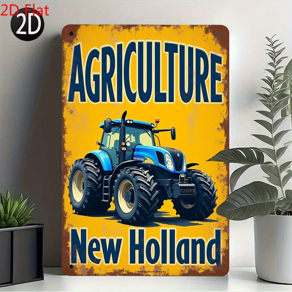 2D Flat Printed Retro Metal Sign Featuring a Tractor Design from New Holland in Yellow And Blue with a Weathered End.