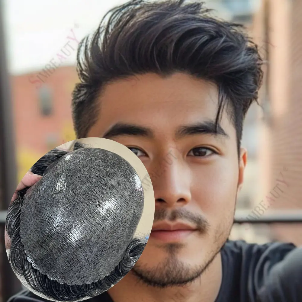 قطع شعر رجالية غير قابلة للاكتشاف باللون البني والأسود والرمادي 0.1 مللي متر حقن بولي Skin قاعدة للرجال شعر مستعار 100% شعر بشري صناعي