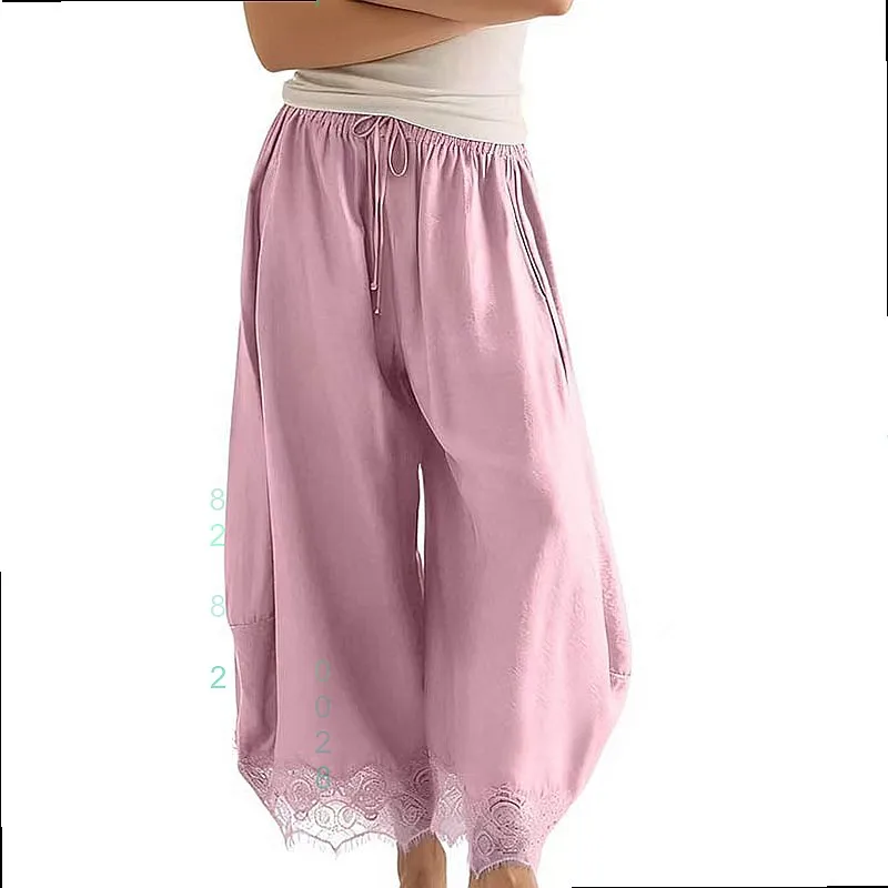 Women's Curved Knife Pants Elastic Waist Lace Trim Capri Pants Jumpsuit Playsuit