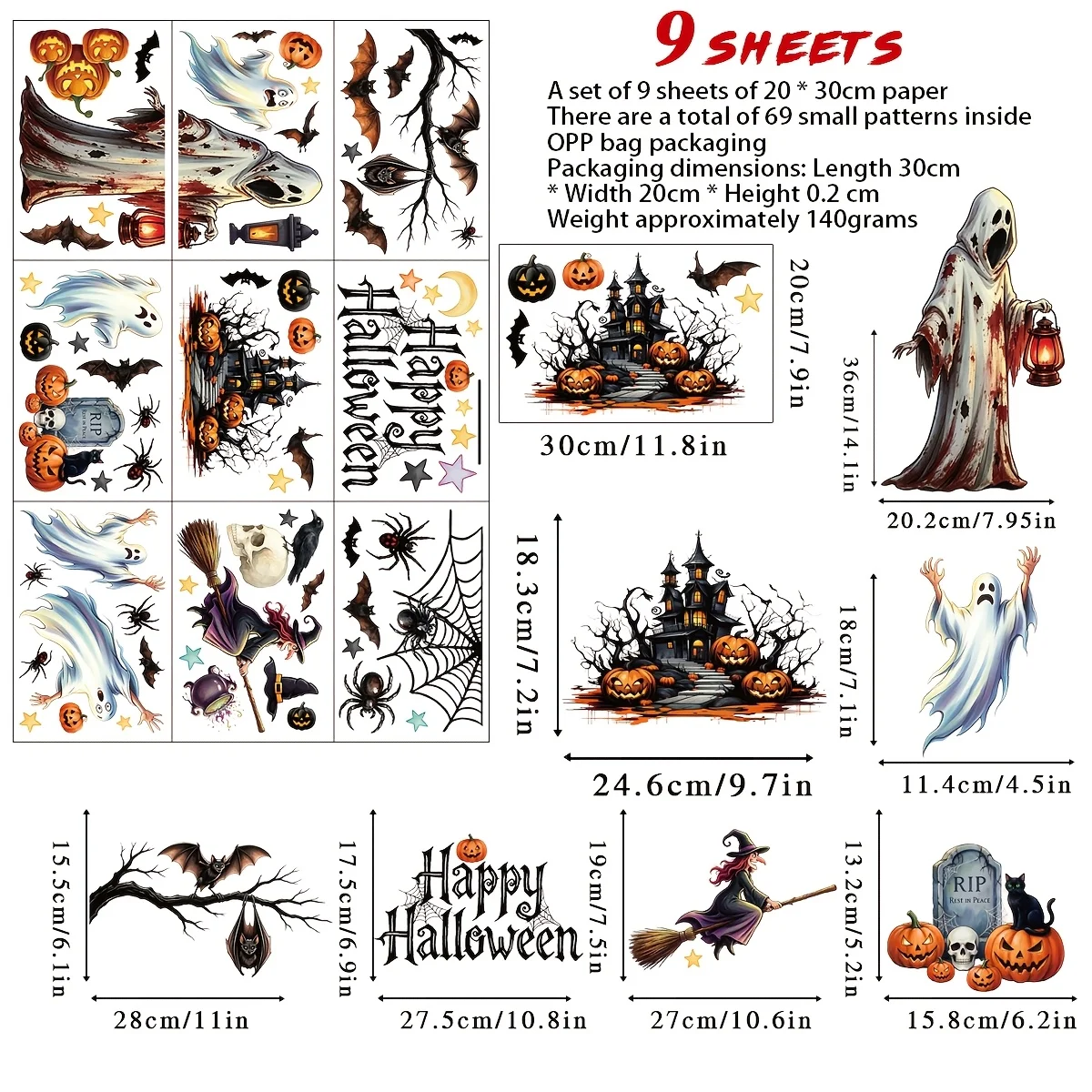 9 Sheets 69 Assorted Designs Halloween Window Clings, Ghost Flying Witch Haunted Castle Pumpkin Bat Spider Tombstone Static