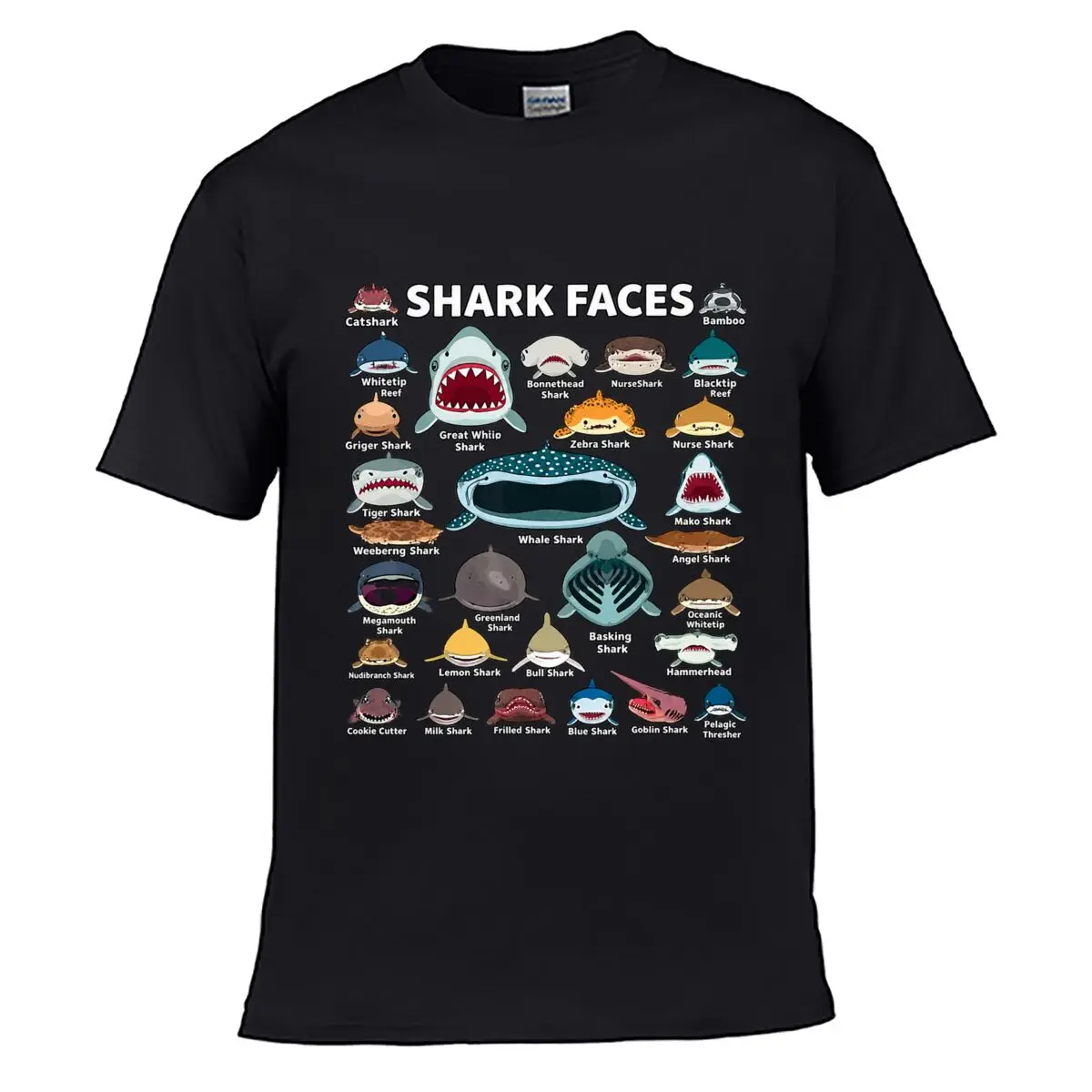 Shark Faces Whale Shark Hammerhead Great White Collection Men Summer Washed Tee Loose Distressed Top