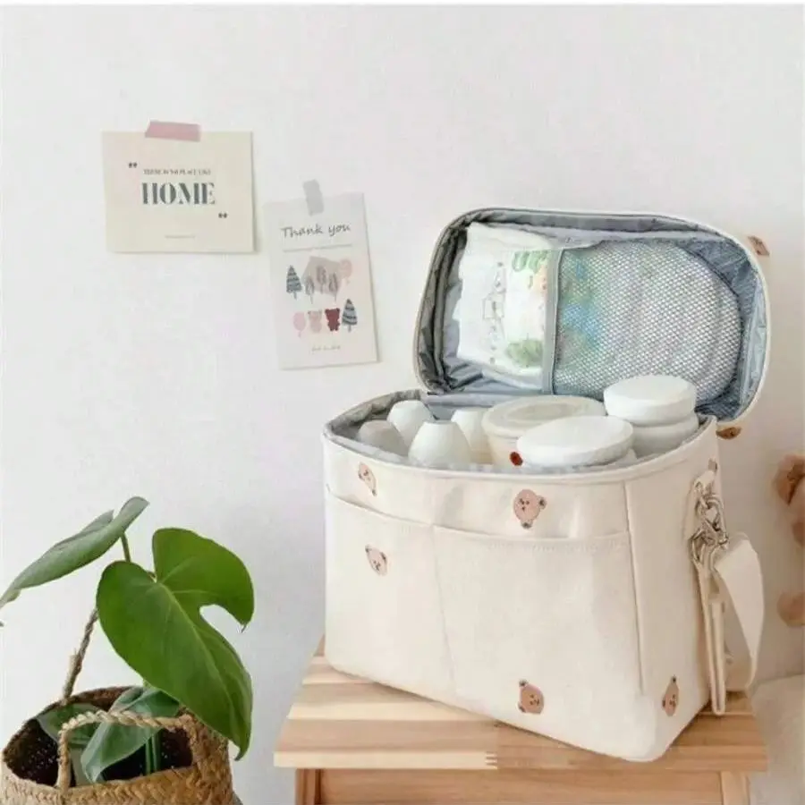 

Baby Stroller Nappy Bag Korea Cute Bear Embroidery Flower Mommy Bag Soft Maternity Shoulder Pack Portable Baby Diaper Organizer
