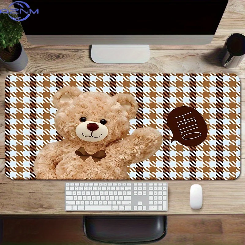 Cute Brown Bear Mouse Pad Vintage Swallow Grid Mouse Pad Extended Desk Mat Non-Slip Rubber Base Stitched Edge Large XL Desk Pad