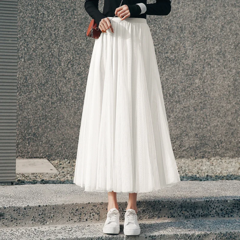 Hot Women Mesh Elastic Tutu Skirt Beach Spring Summer Korean High Waist Fashion Pleated Long Skirt Black White Tulle Skirts