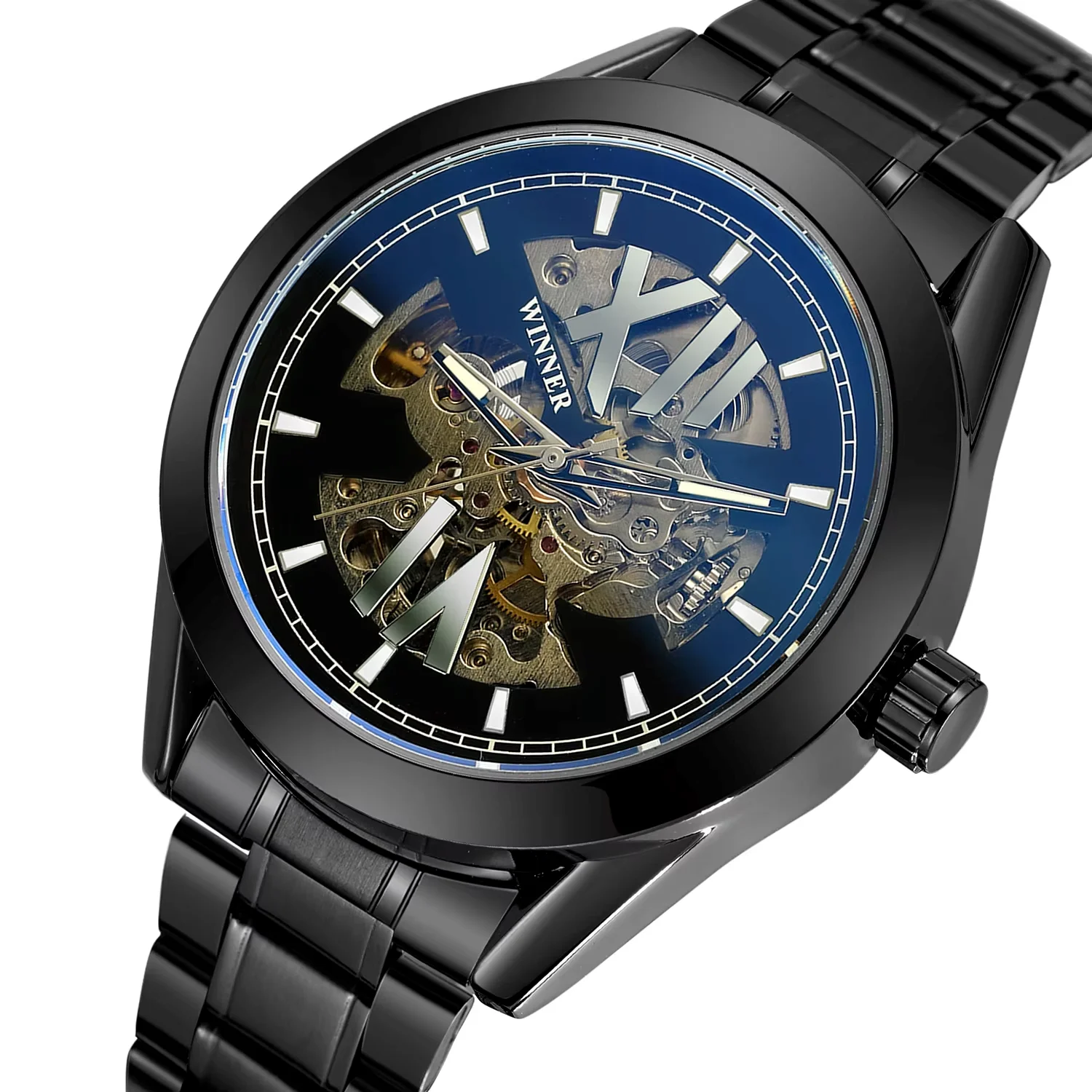 Winner Men's Personality Recreation Night Light Mechanical Movement Automatic Mechanical Watch Black and Gold Mechanical Watch