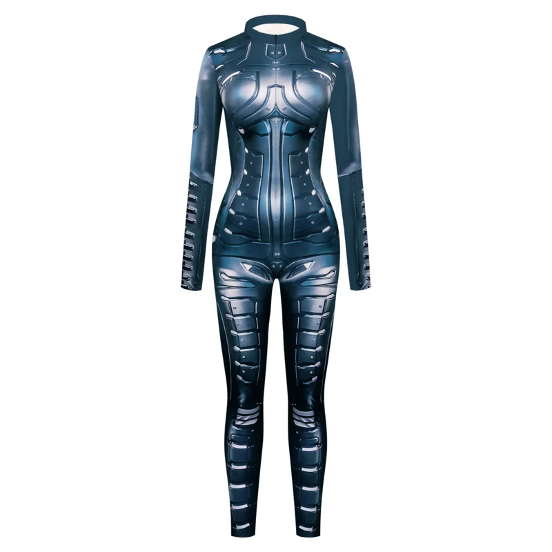 Women 3D armor print jumpsuit clothing texture punk Zentai adult bodysuit thumb zipper sleeves cosplay costume Halloween outfit