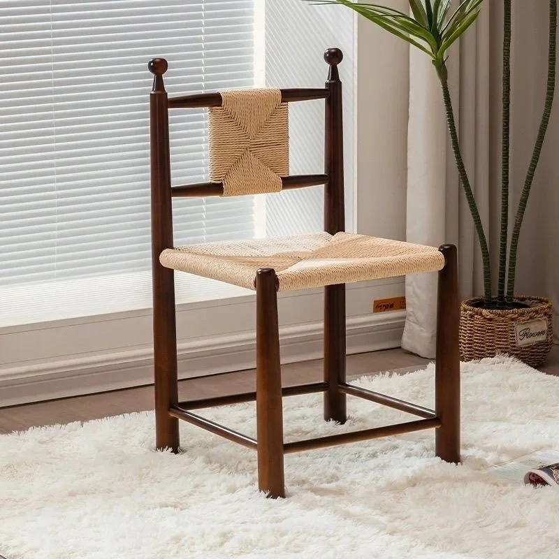 

Antique Solid Wood Rattan Dining Chair Retro Grass Rattan Chair Household Simple B&B Cafe Leisure Rattan Backrest Chair