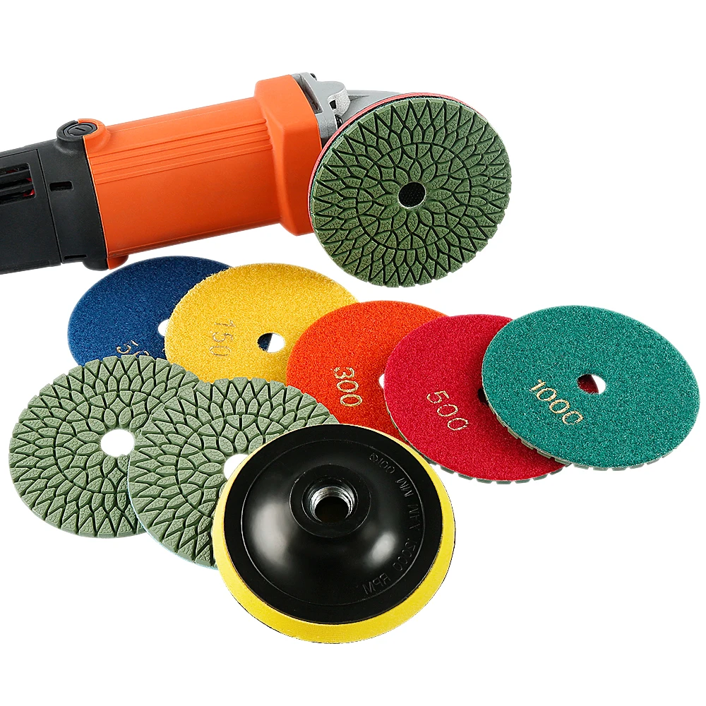 LOZLIN 7Pcs 4 Inch 100mm Patterned Resin Diamond Wet Polishing Pads with Backing Pad for Marble Granite Quartz Concrete Stone