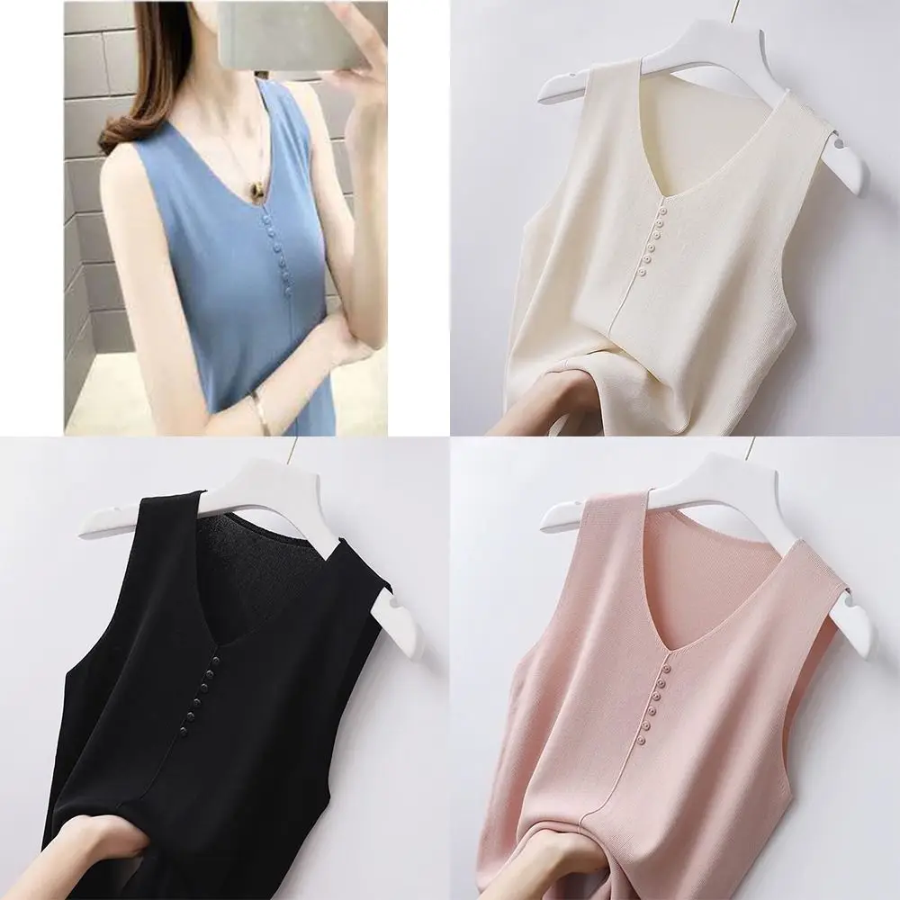 

High Quality Breathable Women's T-shirt Ice Silk Simple Style Short Top V-neck Small Niche Sleeveless Tank Tops