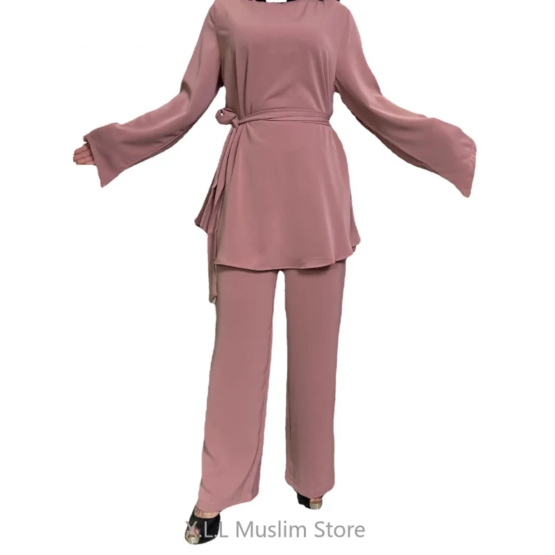 2 Piece Set Women Muslim Sets Hijab Dress Spring Dubai Turkish Top And Pants Suit Islamic Clothing Abaya Eid Loose Ensembles