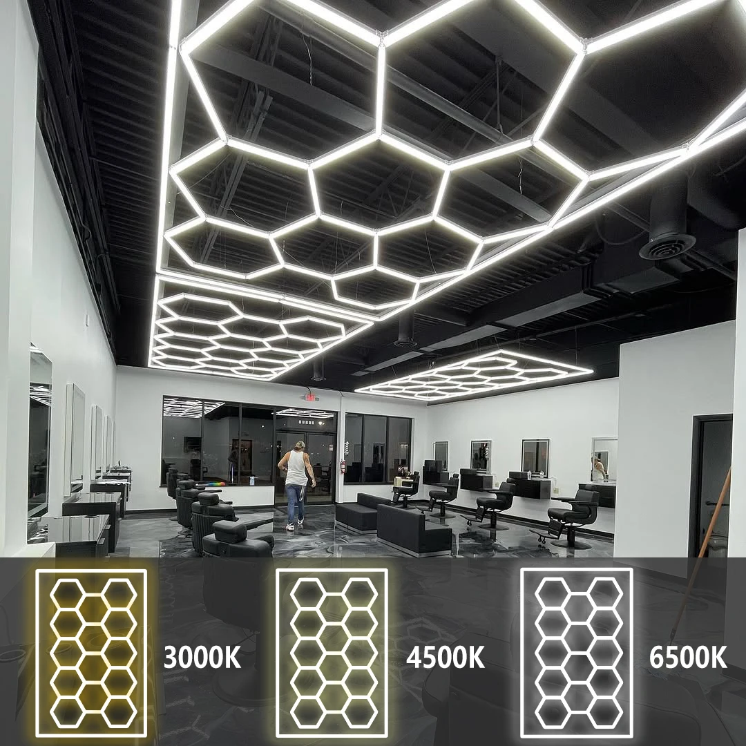 Hexagonal LED Ceiling Light with 3000K 4500K 6500K Color Temperature Used for Hair Salon Barbershop Gym Honeycomb Tube Lighting
