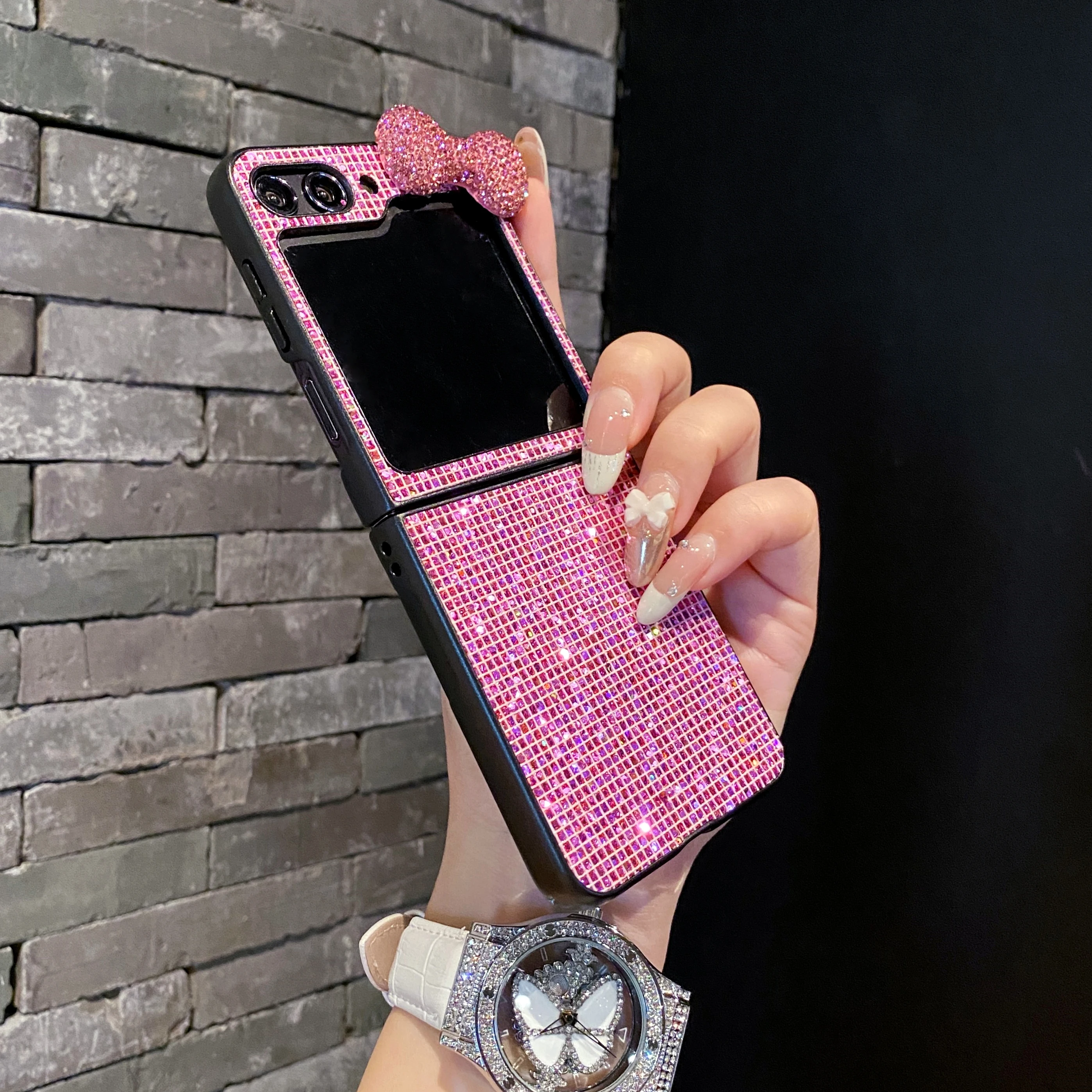 한국 귀여운 패션 3D 핑크 블링 다이아몬드 보우 노트 폰 케이스 삼성 갤럭시 Z 플립 6 5 4 3 5G 플립7FE 하드 충격 방지 커버