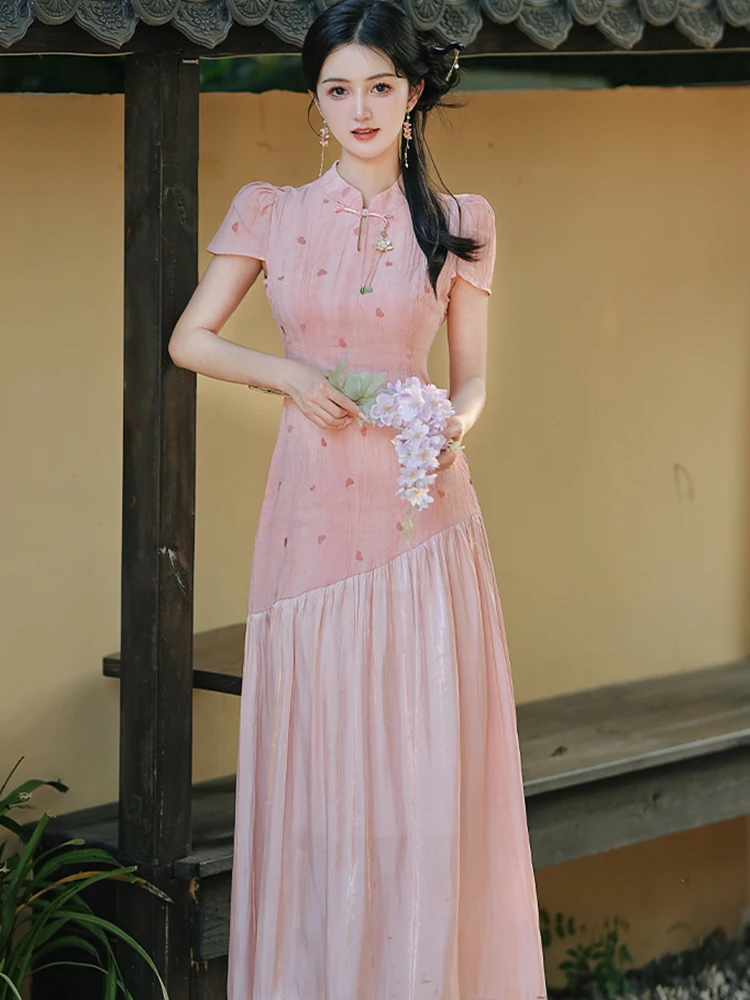 

Women Pink Emboridery Floral Patchwork Fake Two Piece Dress 2026 Korean Vintage Luxury Party Dress Summer Elegant Evening Dress