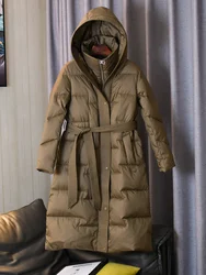 Veste longue en duvet de canard blanc avec ceinture pour femme, optique féminine, manteau chaud, parka mince de luxe, vêtements d'extérieur à capuche, 2023 duvet de canard, nouveau, hiver 90%