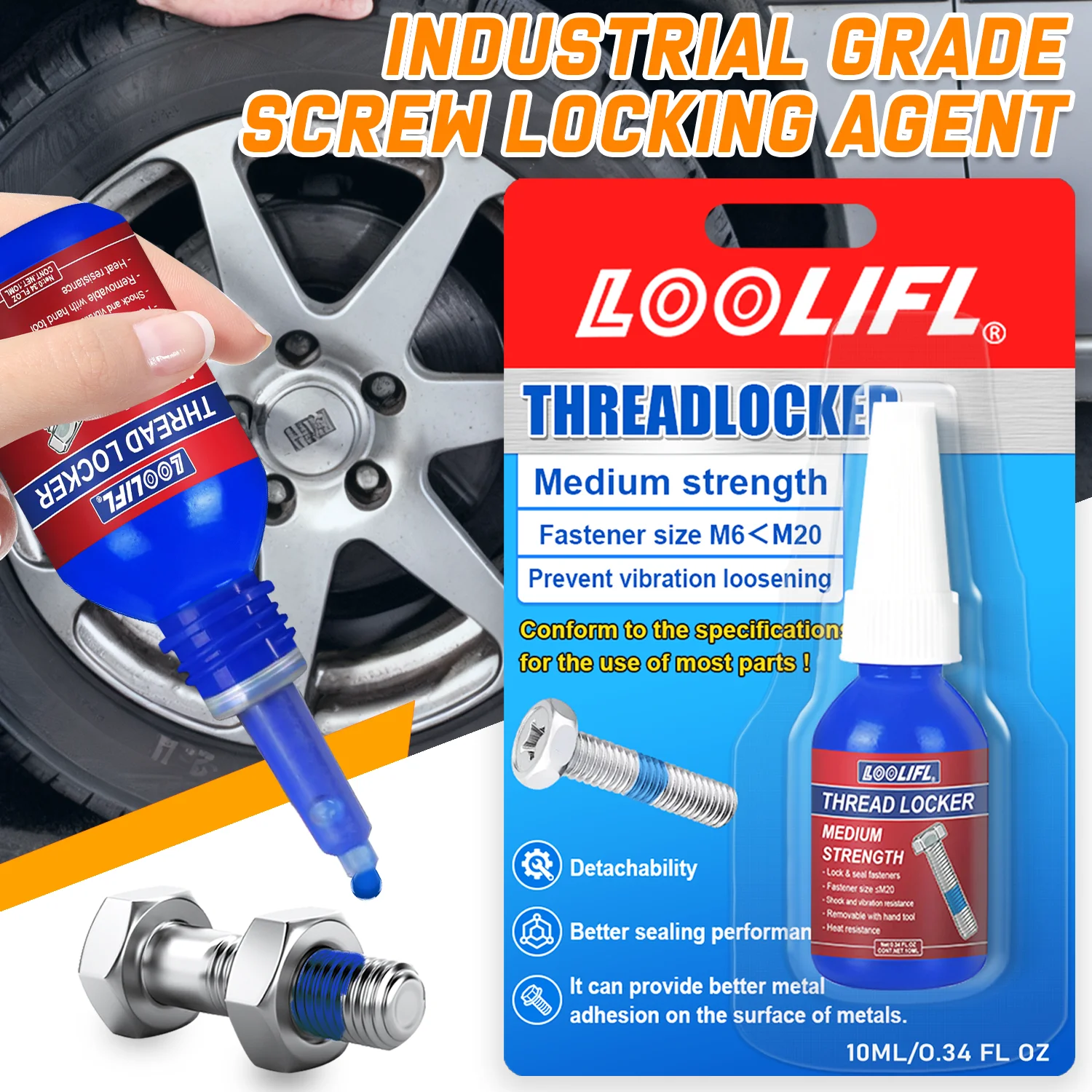 LOOLIFL ブルー中強度ネジロック剤、ユニバーサルネジ接着剤、すべての金属ネジ部品用、取り外し可能防水