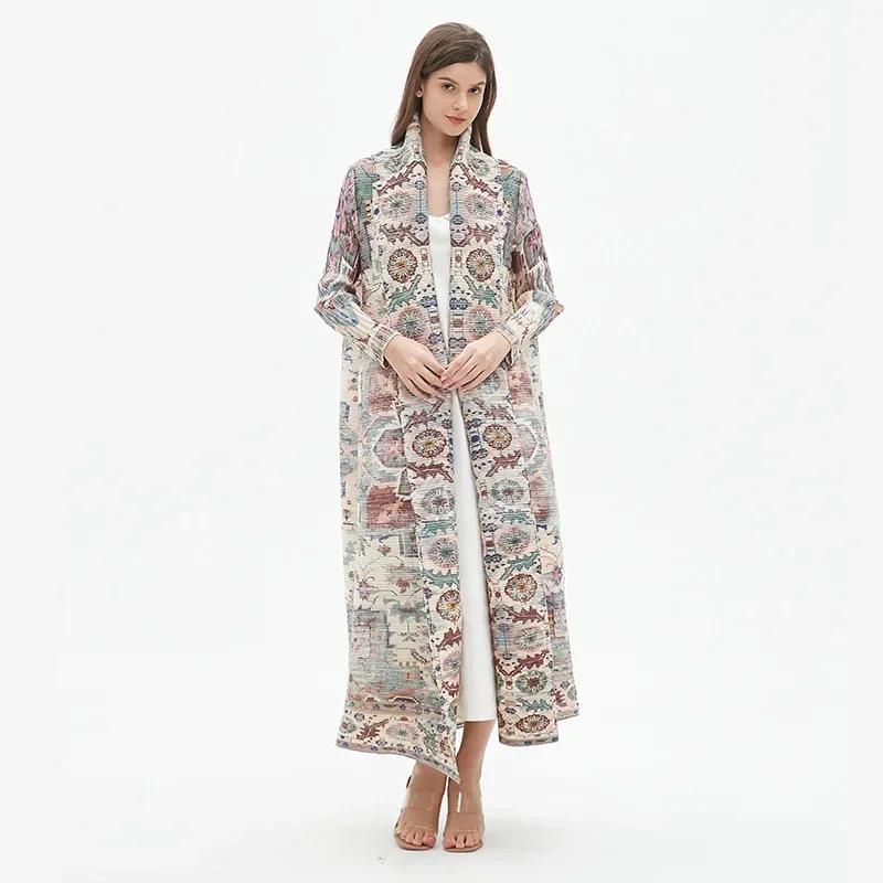 ALSEY Miyake Pleated Classic Women's Long Gown Loose Plus Size Long Sleeve Tie Design Trench Vintage Printed Dress 2024 Summer