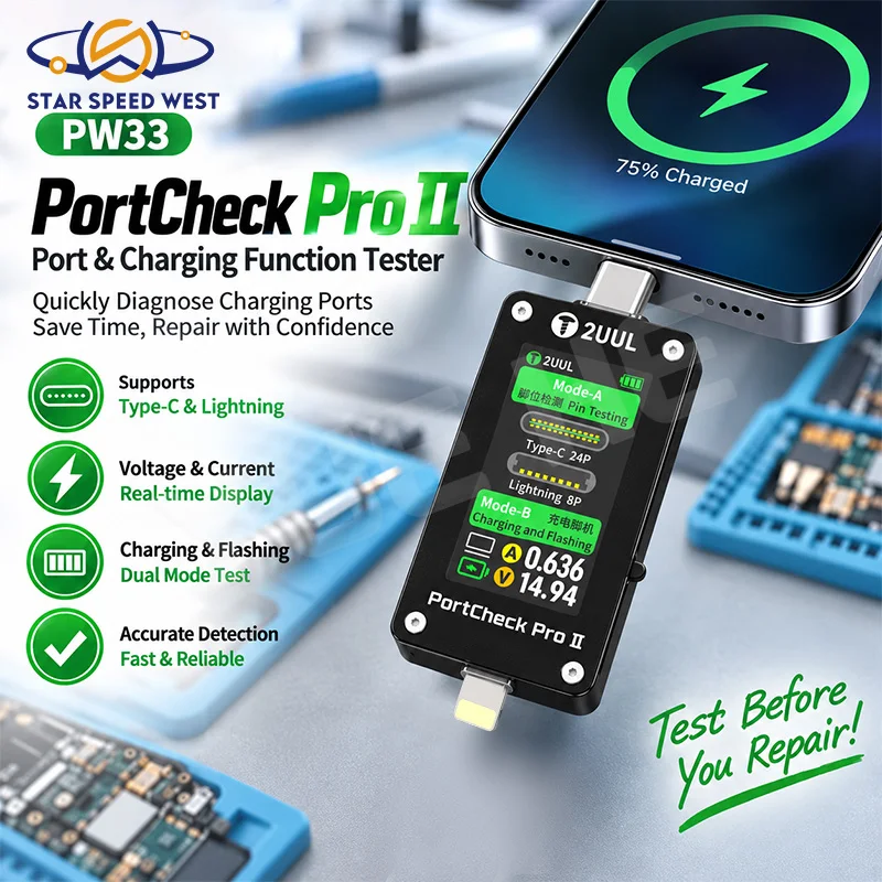 2UUL PW33 PortCheck Pro II All In One Port and Charging Function Tester for Phone Type-C Lightning Devices Repair Diagnostics