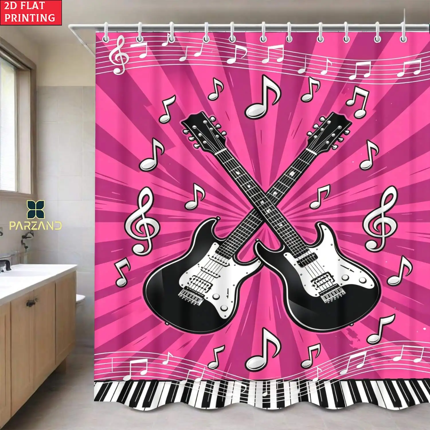 Rock Music Shower Curtain, Electric Guitar & Piano Key Print Bath Screen, Waterproof Polyester Fabric Cool Bathroom Decor