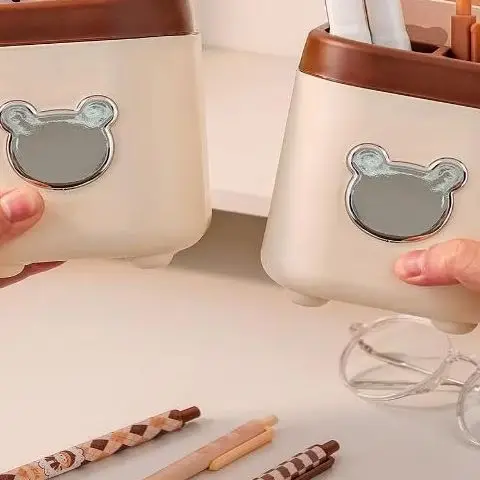 

3 Grids Cute Bear Pen Holder Multifunctional Large Capacity Pen Container Makeup Brush Storage Bin School Office