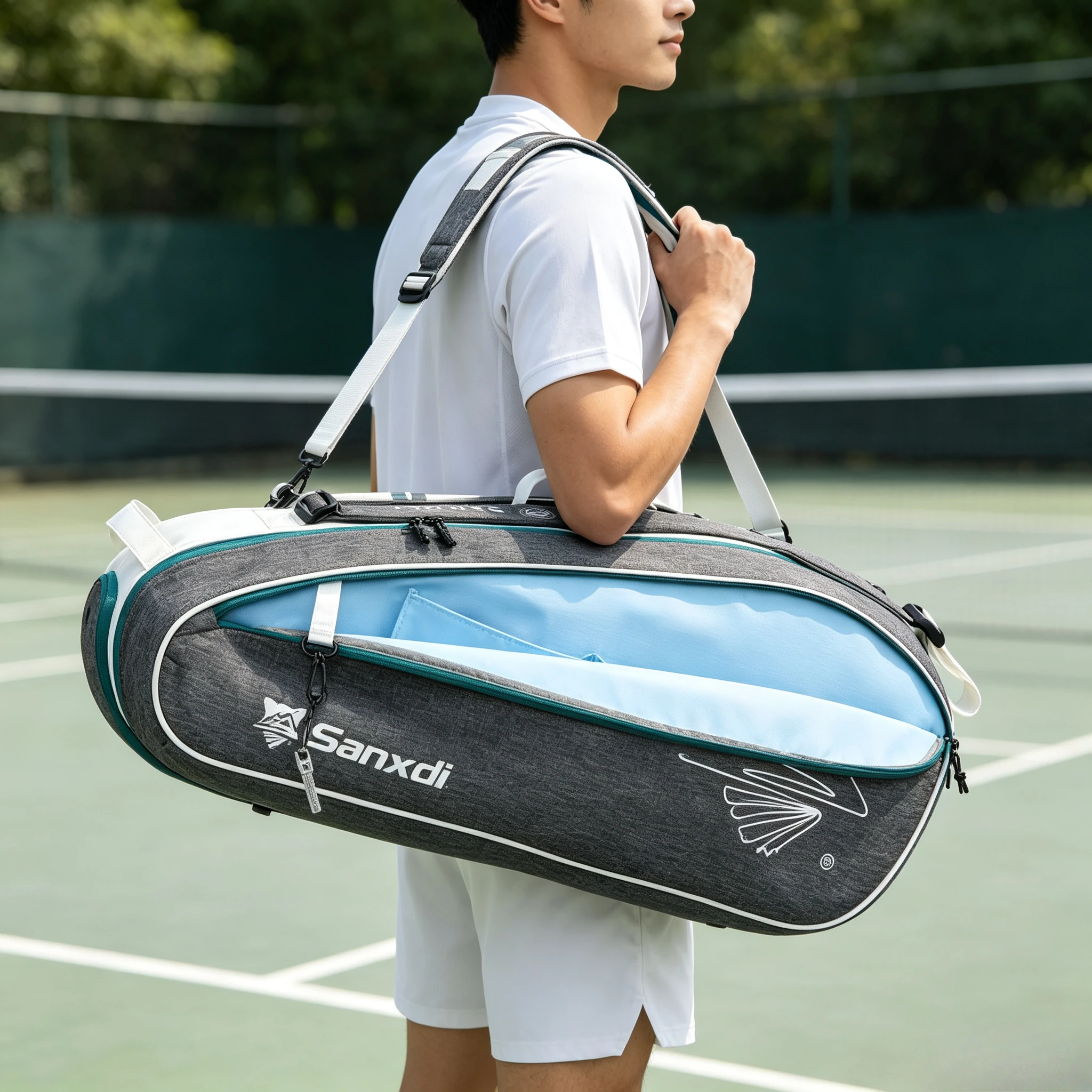 Single Shoulder Tennis Racket Bag with Shoe Compartment, Holds 6 Racquets, Sports Bag for Tennis Badminton Squash, Blue & Black