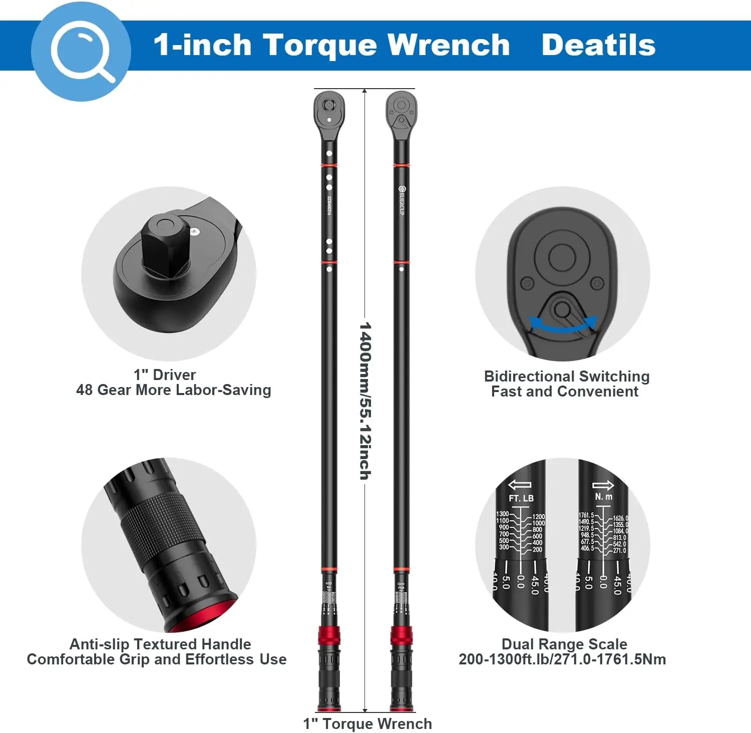 Chiave dinamometrica a clic con azionamento da 1 pollice, muslimax/271-1761.5Nm, chiave dinamometrica a clic a doppia direzione a 48 denti con chiave esagonale per Win