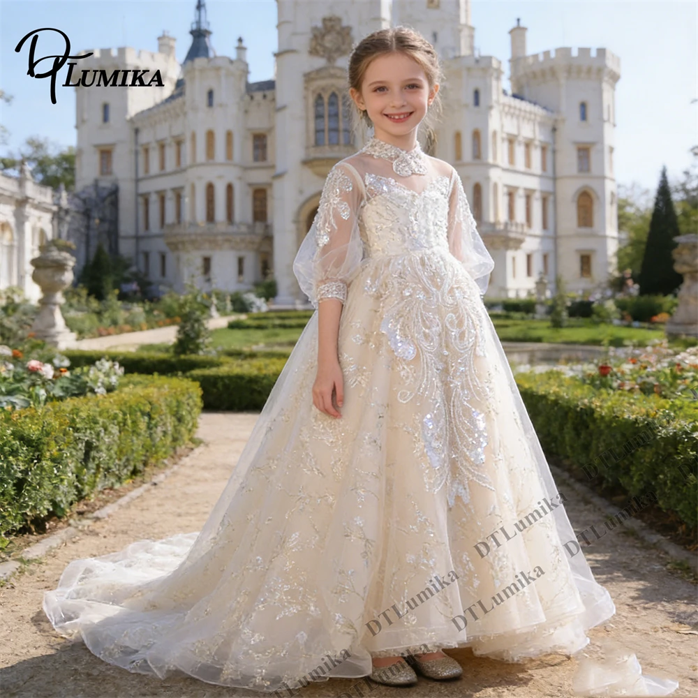Girls’ Ivory Lace & Sequin Flower Girl Dress – High Neck, Sheer Sleeves & Long Train – Princess Gown for Wedding, Birthday Party