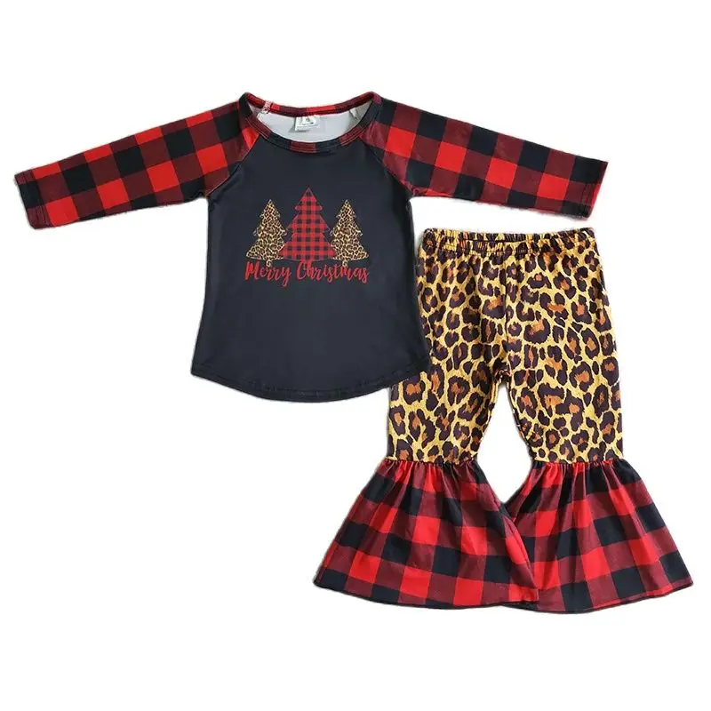 Wholesale Kids Merry Christmas Tree Children Outfit Baby Girl Red Plaid Sleeve Black Shirt Clothes Ruffle Leopard Bell Pants Set