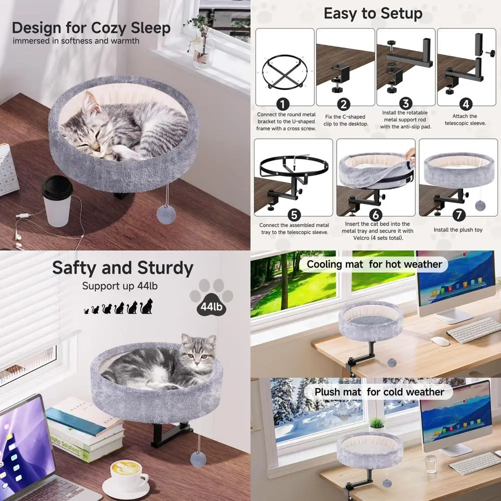 

360 ° Вращающаяся регулируемая лежанка для кошек на стол, выдерживает до 20 кг, с двусторонним ковриком из искусственного меха, современная мебель для домашних животных для домашнего офиса