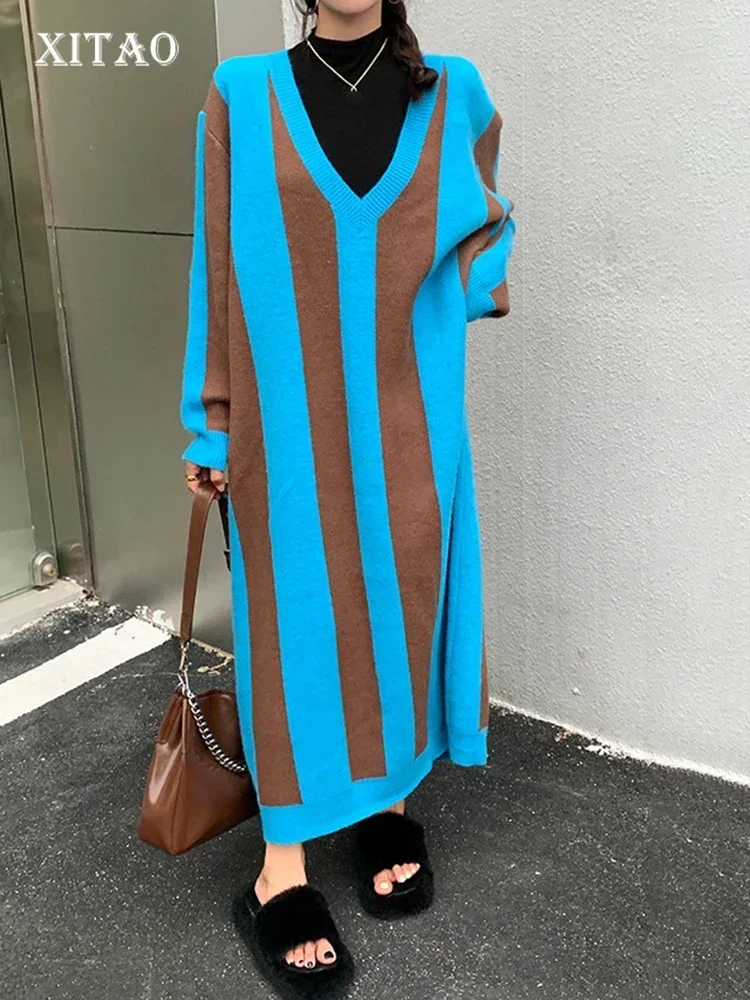 

XITAO Elegant Dress Striped Decoration Pullover Casual Long Style Clothes Temperament Goddess Fan Spring Loose New WLD10146