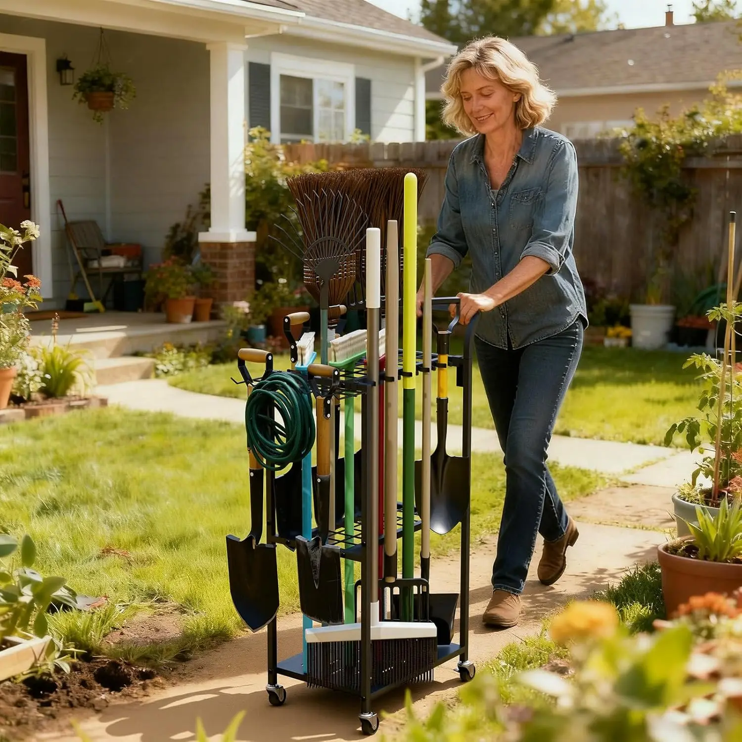 

Усиленный передвижной органайзер для садовых инструментов с 14 крючками и 5 отделениями, мобильное хранилище для гаража, сарая, улицы