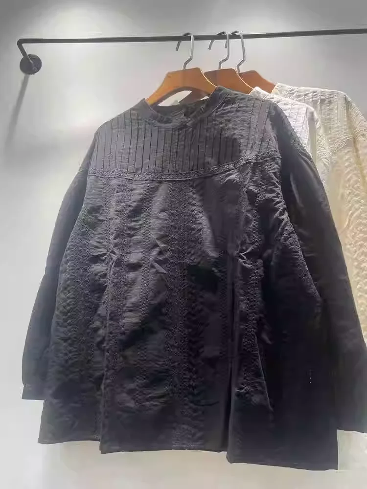 Elegante Damenblusen aus 100 % Baumwolle mit Stickerei, ausgehöhlt, weiß, schwarz, beige Hemden, Damen-Bürokleidung, Damen-Langarm-Tops