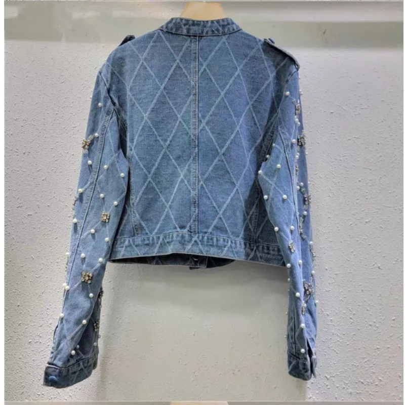 European Diamond-patterned Pearl Denim Short Jacket Spring and Autumn Heavy Industry  Youthful Diamond-encrusted Stylish Jacket