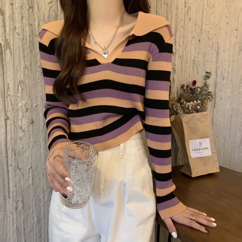 spring Autumn Casual multicolour Striped Tops Long sleeve Knitted Bottoming Sweaters Polo collar Sweater Women Jumpers Pullover